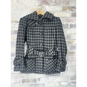 Guess Black & Grey Houndstooth Wool Blend Belted‎ Coat Womens size Small